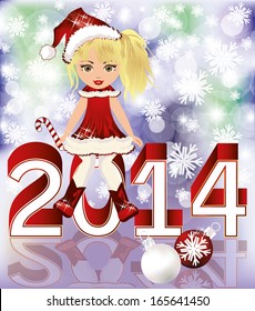 Happy 2014 New Year and Little Santa girl , vector illustration