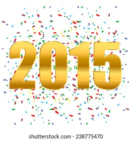 Happy 2015 gold new year with confetti. Vector paper illustration