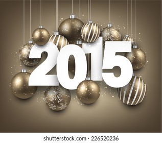 Happy 2015 new year with golden christmas baubles. Vector paper illustration.  