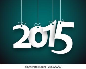 Happy 2015 new year word hanging on threads. Vector paper illustration.  