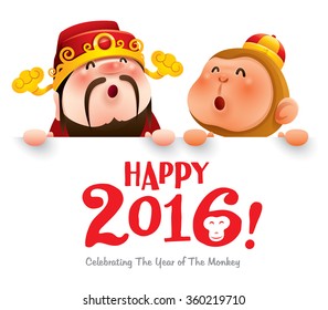 Happy 2016! Chinese God of Wealth and Chinese Zodiac monkey with big sign.