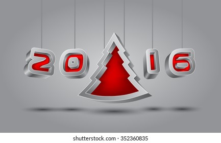 Happy 2016 New Year 3D text hanging on threads with a Christmas tree.
