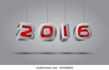 Happy 2016 New Year 3D text hanging on threads.