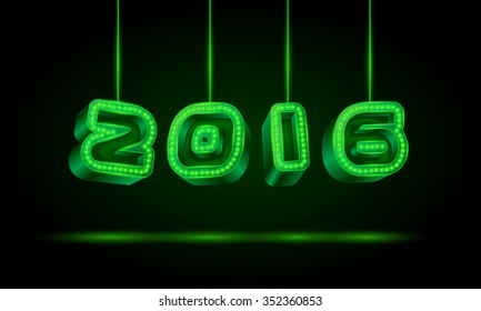 Happy 2016 New Year 3D text hanging on threads. Neon vector illustration.