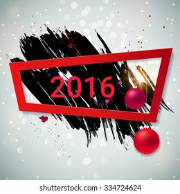 Happy 2016 New Year background with red Christmas balls and black paint splashes. Vector illustration