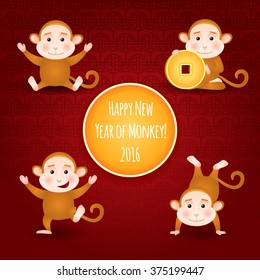 Happy 2016 new year, card with monkey cartoon, Oriental Happy Chinese New Year 2016 Year of Monkey Vector Design