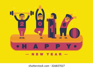 Happy 2016 new year, Exercise and yoga theme.Vector flat illustration design