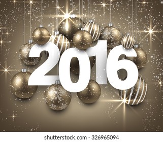 Happy 2016 new year with golden christmas baubles. Vector paper illustration. 