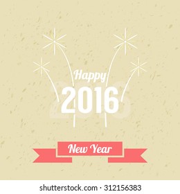 Happy 2016 New Year greeting card (poster, wallpaper). Fireworks, silhouette text and ribbons on a grunge textured background. Vector illustration
