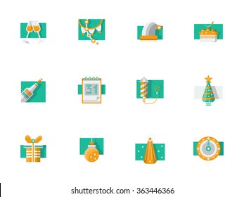 Happy 2016 New Year and Merry Christmas flat color vector icons set. Xmas tree, decorations and other accessories for december events. Design elements for website, mobile app.