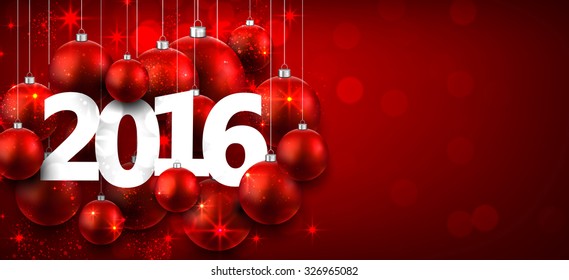 Happy 2016 new year with red christmas baubles. Vector banner. 