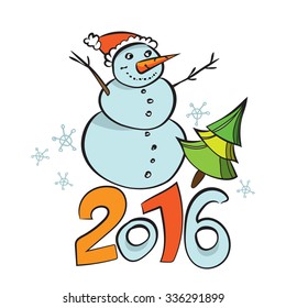 Happy 2016 New Year. Vector illustrated cartoon post card. Winter poster template. Christmas background
