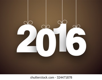 Happy 2016 new year word hanging on threads. Vector paper illustration. 