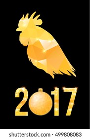 Happy 2017 Chinese New Year card. Vector poster of a golden rooster isolated on black background. Design template for prints, covers, posters, gift cards.