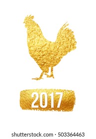 Happy 2017 Chinese New Year card. Vector poster of a golden rooster isolated on white background. Design template for prints, covers, posters, gift cards.