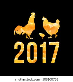 Happy 2017 Chinese New Year card. Vector poster of a golden rooster family isolated on black background. Design template for prints, covers, posters, gift cards.