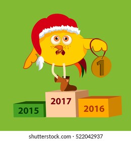 Happy 2017 Chinese New Year. Champion athlete. Cartoon smiley cockerel, medal, winter hat, boots. Emoticon lucky, joy, positive.