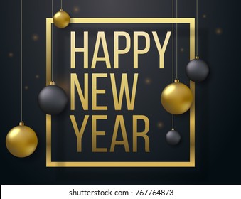 Happy 2017 New Year background with golden and black balls.