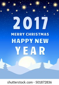 Happy 2017 New Year Design Template with Shining Sky, Moon and Coniferous Forest. Vector illustration