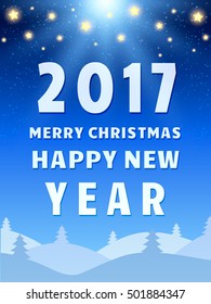 Happy 2017 New Year Design Template with Shining Sky, Moon and Coniferous Forest. Vector illustration