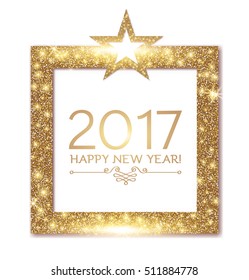 Happy 2017 New Year Elegant Design Template with Gold Shining Frame and Star. Vector illustration