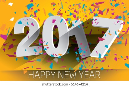 Happy 2017 new year with falling confetti . Vector paper illustration. eps 10