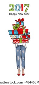 Happy 2017 New year, Merry Christmas banner design: young attractive woman holding a lot of gifts illustration. Bows, Christmas decorations. Trendy greeting card, poster, flyer, invitation. Vector