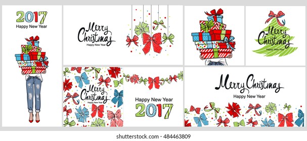 Happy 2017 New year, Merry Christmas vertical banner design set. Hand lettering, Christmas decorations, christmas tree, gifts, bows garland decoration. Greeting card, poster, flyer, invitation. Vector