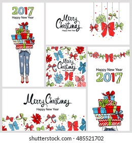 Happy 2017 New year, Merry Christmas vertical banner design set. Hand lettering, Christmas decorations, christmas tree, gifts, bows garland decoration. Greeting card, poster, flyer, invitation. Vector