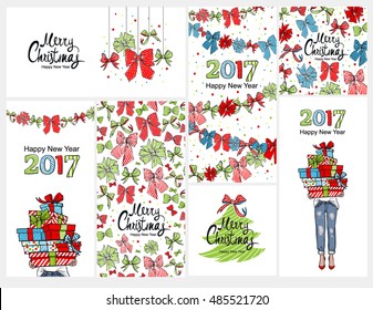 Happy 2017 New year, Merry Christmas vertical banner design set. Hand lettering, Christmas decorations, christmas tree, gifts, bows garland decoration. Greeting card, poster, flyer, invitation. Vector