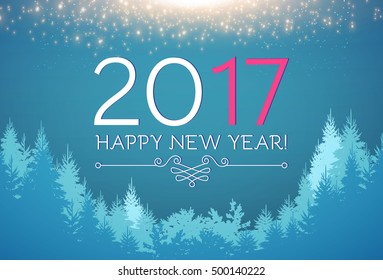 Happy 2017 New Year and Merry Christmas Design Template with Snowfall, Shining Sky and Coniferous Forest. Vector illustration