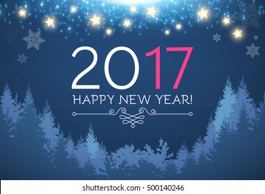 Happy 2017 New Year and Merry Christmas Design Template with Snowfall, Shining Sky and Coniferous Forest. Vector illustration