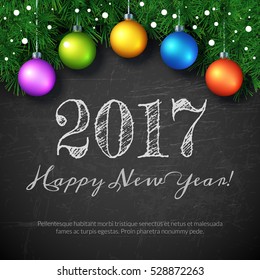 Happy 2017 New Year text design on black chalkboard. Vector greeting illustration with numbers and christmas balls