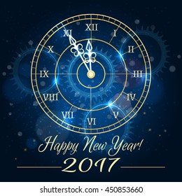 Happy 2017 new year vector background with blue clock