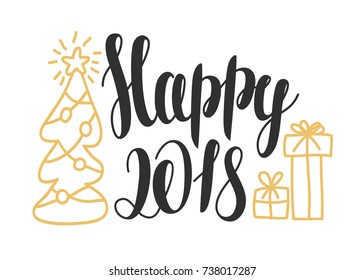 Happy 2018 - hand drawn design elements for greeting card. New year card design with lettering "Happy 2018" and hand drawn illustrations. Vector holiday template. Holiday calligraphy.