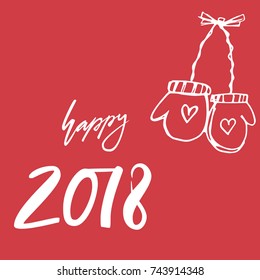 Happy 2018. Hand drawn lettering greeting card with calligraphy on christmas background. Vector illustration. Calligraphy for design cards, overlays, scrapbooks. Vector calligraphy sign