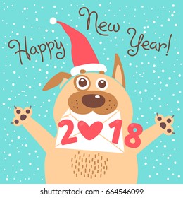 Happy 2018 New Year card. Funny puppy congratulates on holiday. Dog Chinese zodiac symbol of the year. Vector illustration.