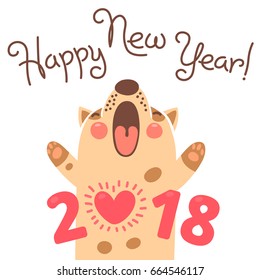 Happy 2018 New Year card. Funny puppy congratulates on holiday. Dog Chinese zodiac symbol of the year. Vector illustration.