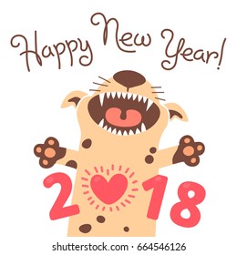 Happy 2018 New Year card. Funny puppy congratulates on holiday. Dog Chinese zodiac symbol of the year. Vector illustration.