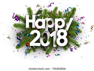 Happy 2018 New Year card with spruce branches and colorful serpentine. Vector illustration.