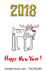 Happy 2018 New Year card. Funny dog congratulates on holiday. Dog Chinese zodiac symbol of the year. Vector illustration. Funny dog with indeer antlers on white background. Red, gold and black.