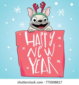 Happy 2018 New Year card. Funny pug congratulates on holiday. Dog Chinese zodiac symbol of the year. Vector illustration.