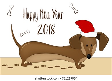 Happy 2018 New Year card. Funny dachshund dog congratulates on the holiday.