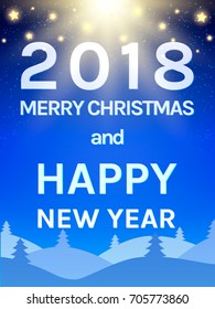Happy 2018 New Year Design Template with Shining Sky, Moon and Coniferous Forest. Vector illustration