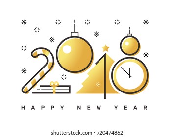 Happy 2018 new year flat thin line horizontal gold greeting card design. Isolated snow flakes, gift box, star, tree, clock, candy & balls on white background.