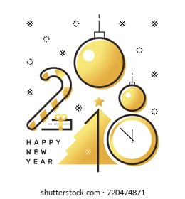Happy 2018 new year flat thin line vertical gold greeting card design. Isolated snow flakes, gift box, star, tree, clock, candy & balls on white background.