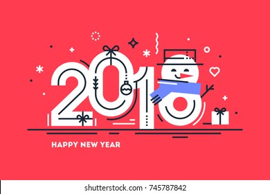 Happy 2018 New Year flat thin line horizontal greeting card or banner with cute snowman instead number 8. Bright Christmas template for print or web. Vector illustration.