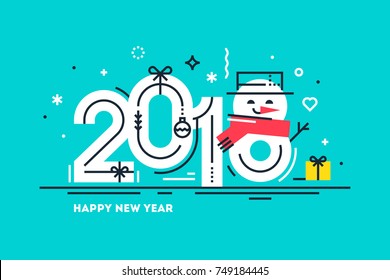 Happy 2018 New Year flat thin line horizontal greeting card or banner with cute snowman instead number 8. Bright Christmas template for print or web. Vector illustration.