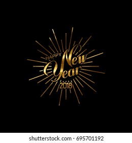 Happy 2018 New Year. Holiday Vector Illustration With Lettering Composition And Burst. Golden Textured Happy New Year Label