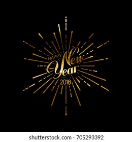 Happy 2018 New Year. Holiday Vector Illustration With Lettering Composition And Burst Or Light Rays. Golden Textured Happy New Year Label